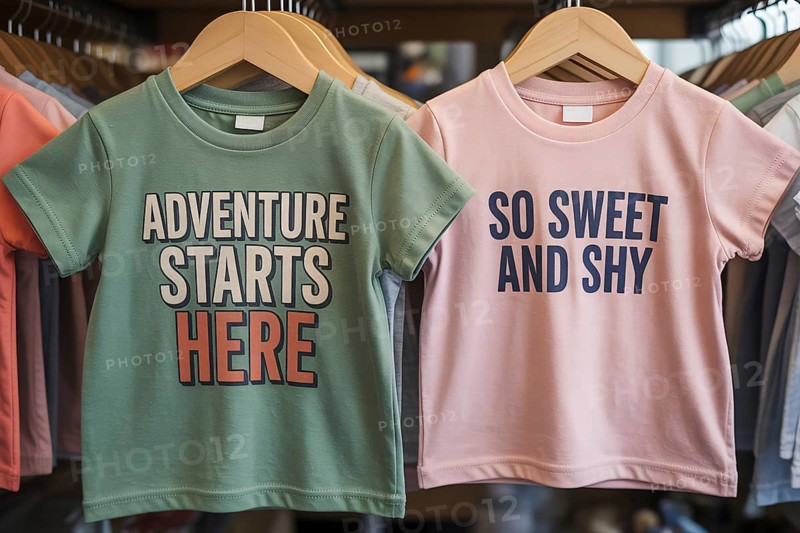 Green and pink children's shirts with stereotypical text, highlighting early gender norms and societal expectations.. Generative AI, AI generated