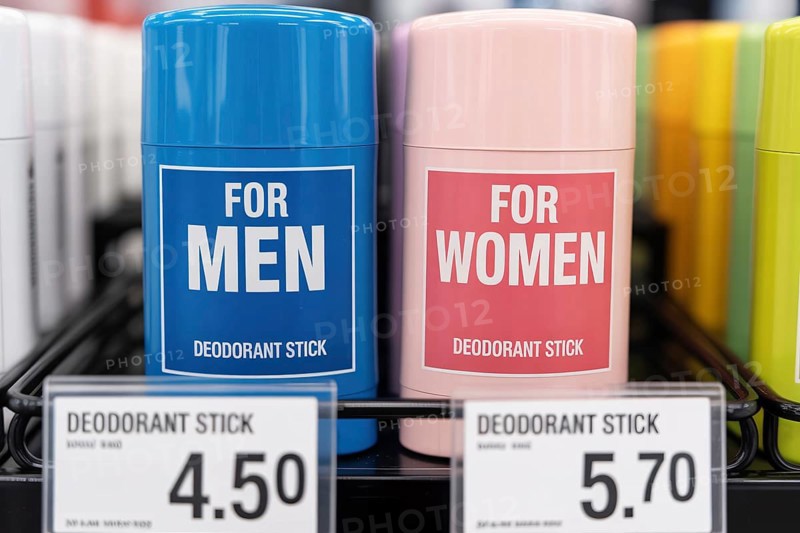 Close-up of gender-labeled deodorant sticks with unequal prices. Illustration of the pink tax in retail. Generative ai, AI generated