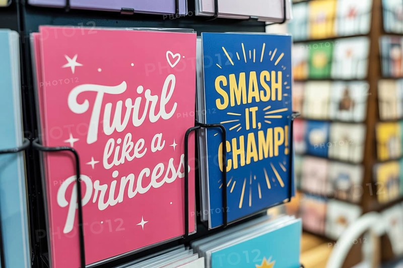 Pink and blue birthday greeting cards on a rack. Gender stereotypes and societal expectations taught from a young age through color-coded messages. Generative ai, AI generated