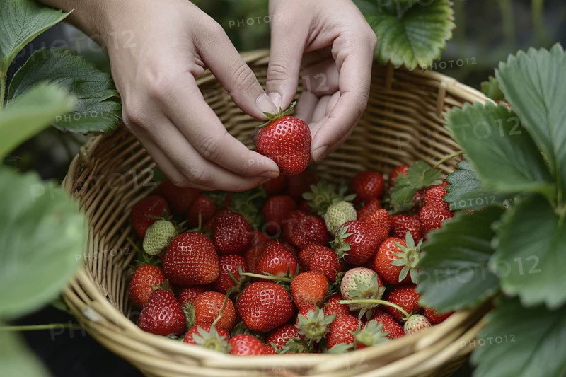 Woman's hands placing fresh strawberries into a basket. Concept for harvest, organic farming, and healthy eating. Generative ai, AI generated