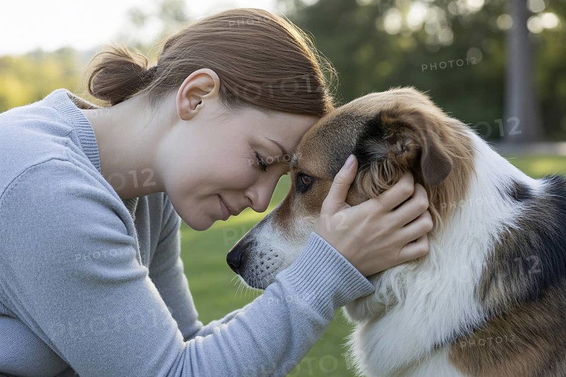 Woman holding her dog with foreheads touching. Tender moment of emotional connection between human and animal. Generative ai, AI generated