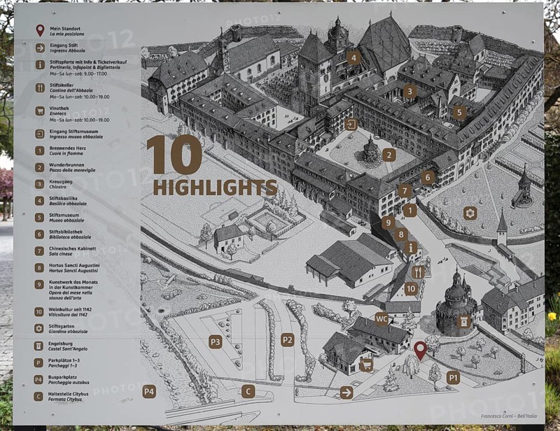 Information and overview board of the Neustift St Margarethen monastery, Vahrn, district of Bozen, South Tyrol, Italy