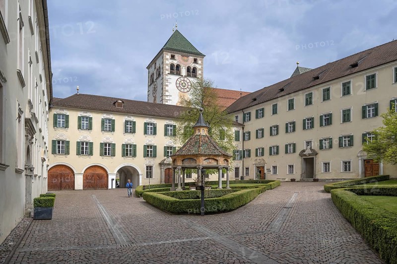 Inner courtyard with the miracle fountain, 1508, from the Neustift St Margarethen monastery, Vahrn, district of Bozen, South Tyrol, Italy