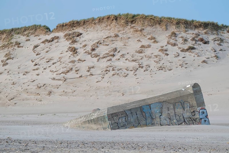 Abandoned bunker from the 2nd World War, sunken into the sand with graffiti, surrounded by sand dunes, beach near Hvide Sande, North Sea, Denmark