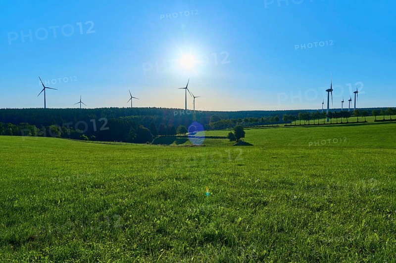 Wind turbines towering on a green meadow under a bright sky, summer, Rohren, Monschau, Eifel, North Rhine-Westphalia, Germany