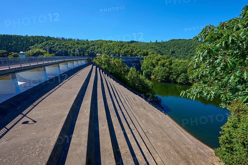 Oblique view of a dam with water reservoir surrounded by forest landscape, summer, Urft dam wall, Obersee, Urftsee, Schleiden, Eifel National Park, Eifel, North Rhine-Westphalia, Germany