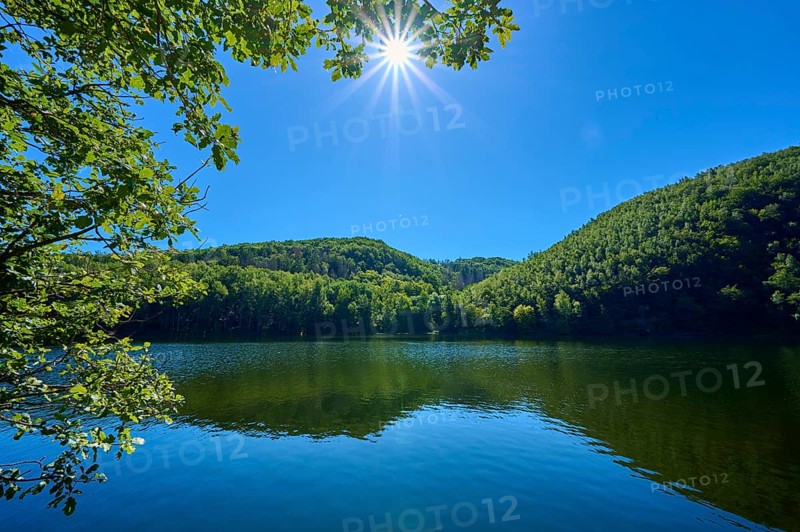 Sunbeams over a calm lake in the middle of a green forest with blue sky, summer, Rursee, Obersee, Simmerath, Eifel National Park, North Rhine-Westphalia, Germany