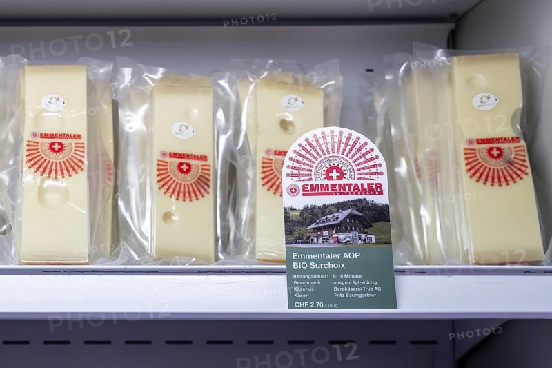 Sales shelf Emmentaler cheese AOP organic Surchoix