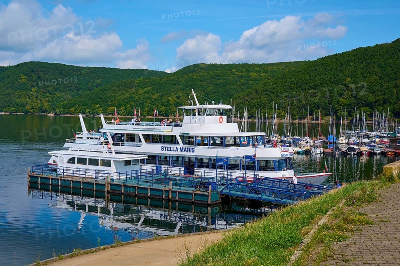 Passenger ship Stella Maris and boats in the harbour, summer, Rursee, Rurtalsperre, Heimbach, Simmerath, Eifel National Park, North Rhine-Westphalia, Germany