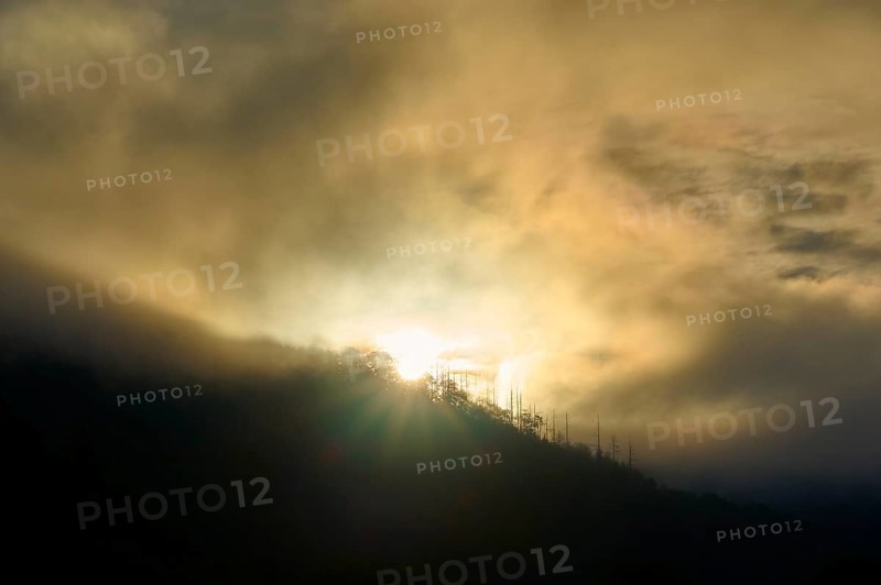 Sunrise breaks through fog over a mountain, dramatic play of light, summer, Rursee, Obersee, Rurberg, Simmerath, Eifel National Park, North Rhine-Westphalia, Germany