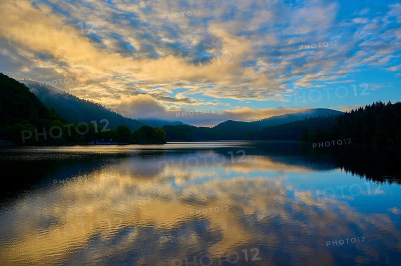 Morning light reflected on a quiet lake, summer, Rursee, Obersee, Rurberg, Simmerath, Eifel National Park, North Rhine-Westphalia, Germany