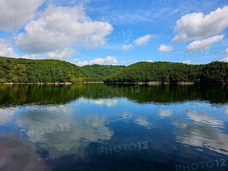 Blue sky with white clouds and their reflection in a calm lake, surrounded by lush forests, summer, Rursee, Rurtalsperre, Simmerath, Eifel National Park, North Rhine-Westphalia, Germany