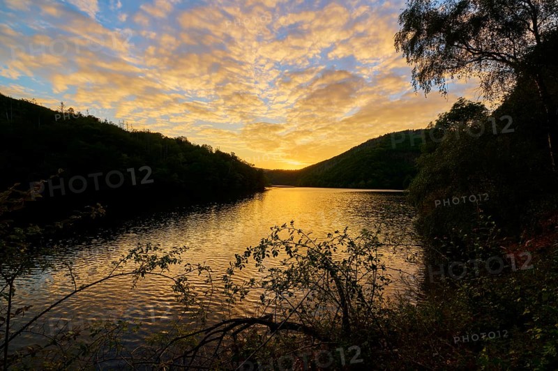 Luminous sky at dusk over a lake, summer, Rursee, Obersee, Simmerath, Eifel National Park, North Rhine-Westphalia, Germany
