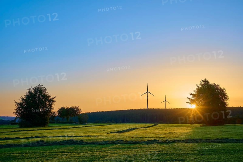 Wind turbines in a natural landscape at sunrise, with warm incidence of light, summer, Rohren, Monschau, Eifel, North Rhine-Westphalia, Germany