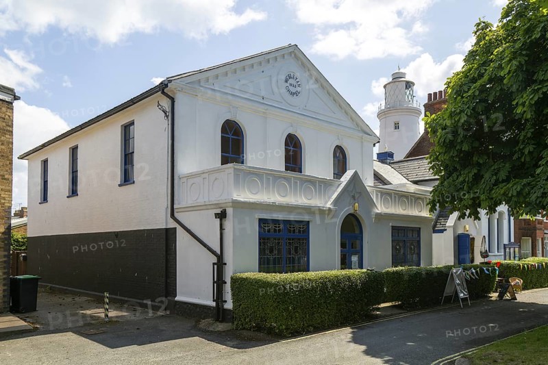 Wesleyan Chapel building 1835 and lighthouse, Southwold, Suffolk, England, UK