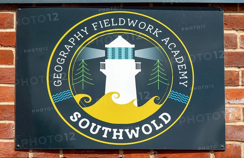 Geography Fieldwork Academy logo sign, Old Hospital community space building, Southwold, Suffolk, England, UK