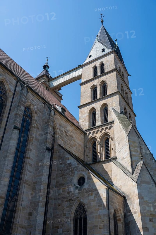 Detailed view of the twin towers of St Dionys' Church in the old town of Esslingen, Esslingen am Neckar, district of Esslingen, Baden-WÃ¼rttemberg, Germany