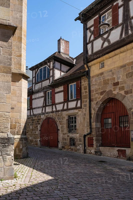 Historic half-timbered houses surround Georg Christian von Kessler Platz, Kessler sparkling wine cellars, former Speyrer Pfleghof in Esslingen's old town centre, Esslingen am Neckar, district of Esslingen, Baden-WÃ¼rttemberg, Germany