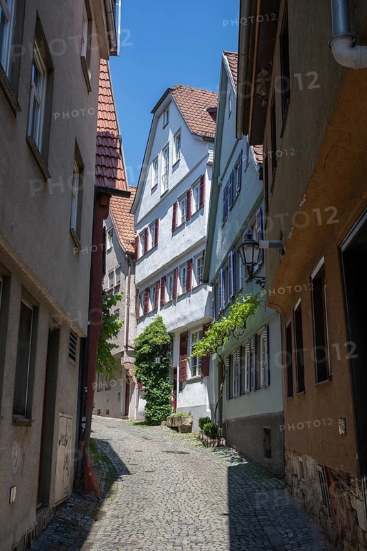 Historic row of houses, Altstadtgasse, upper Beutau, also known as WeingÃ¤rtnerviertel in the old town of Esslingen, Esslingen am Neckar, district of Esslingen, Baden-WÃ¼rttemberg, Germany