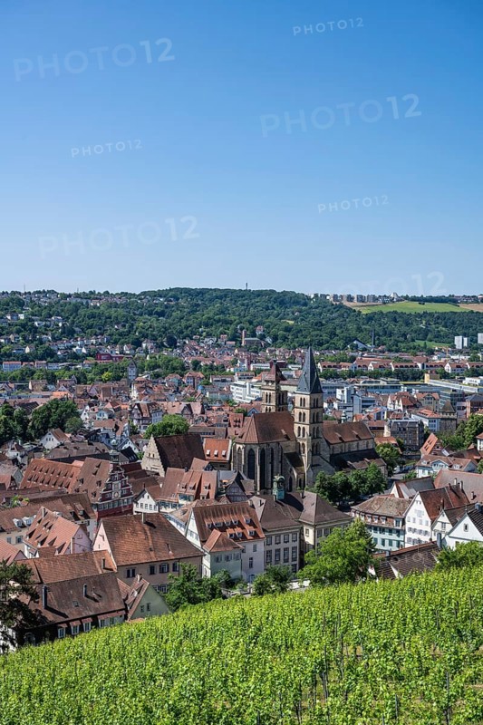 View from the Seilergang, defence wall of Esslingen Castle, down to the old town of Esslingen with the Zwiling towers of the town church of St. Dionys, Esslingen am Neckar, district of Esslingen, Baden-WÃ¼rttemberg, Germany