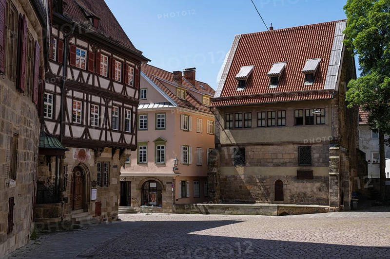 Historic half-timbered houses surround Georg Christian von Kessler Platz, Kessler sparkling wine cellars, former Speyrer Pfleghof in Esslingen's old town centre, Esslingen am Neckar, district of Esslingen, Baden-WÃ¼rttemberg, Germany