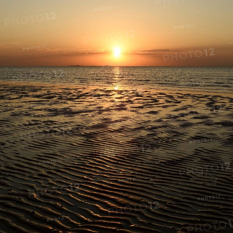 Sunset over the Wadden Sea on the German North Sea coast, low sun over Neuwerk, typical ripple mudflats at low tide, Lower Saxony Wadden Sea National Park, Lower Saxony, Germany, atmospheric picture, native nature, landscape, North Sea near Cuxhaven, Duhnen, Western Europe