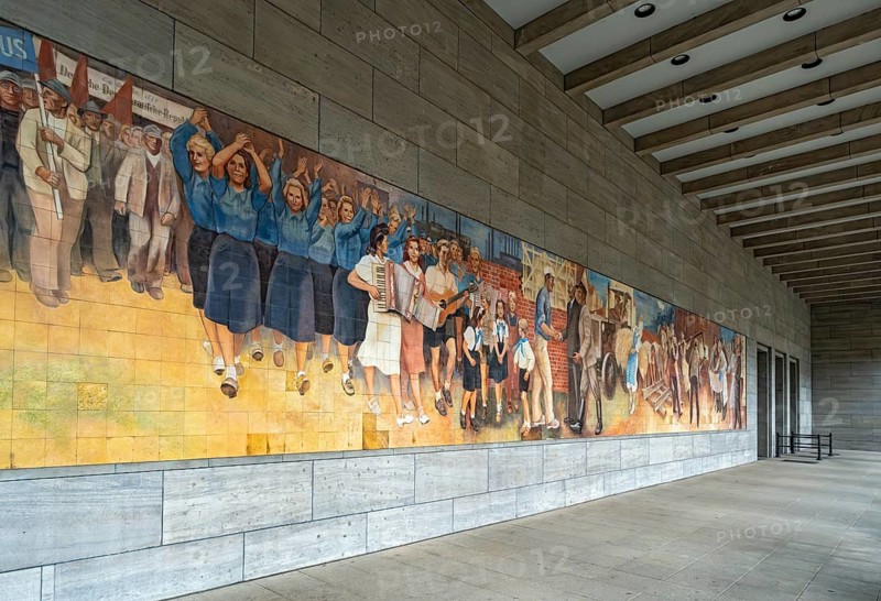 Partial view of the GDR-era Max Lingner propaganda mural, Detlev Rohwedder House, Berlin, Germany