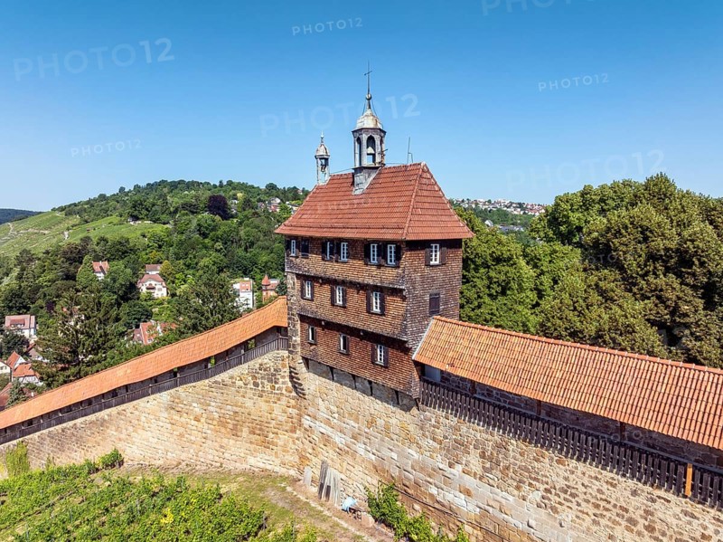 Aerial view of the Hochwacht and the Seilergang, part of the historic city fortifications, sight in the old town of Esslingen am Neckar, district of Esslingen, Baden-WÃ¼rttemberg, Germany