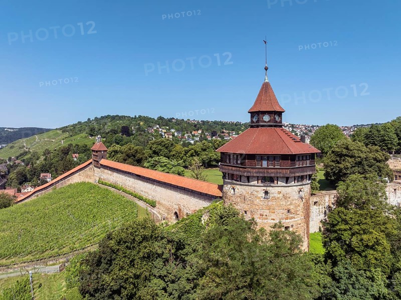 Aerial view, Dicker Turm, Seilergang and Hochwacht, part of the historic town fortifications, sight in the old town centre of Esslingen am Neckar, district of Esslingen, Baden-WÃ¼rttemberg, Germany
