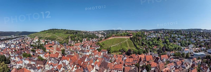 Aerial view, panorama of the city of Esslingen am Neckar with Esslingen Castle, Dicker Turm, Burgsteige and vineyard, district of Esslingen, Baden-WÃ¼rttemberg, Germany