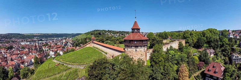Aerial view, panorama, Dicker Turm, Seilergang and Hochwacht, part of the historic town fortifications, part of the historic town fortifications, sight in the old town centre of Esslingen am Neckar, district of Esslingen, Baden-WÃ¼rttemberg, Germany
