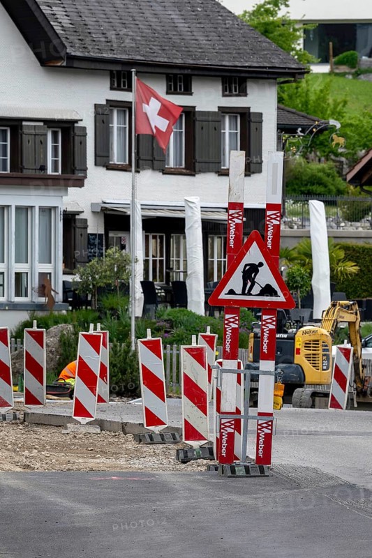 Roadworks road construction signalling, GÃ¤hwil, St. Gallen, Switzerland