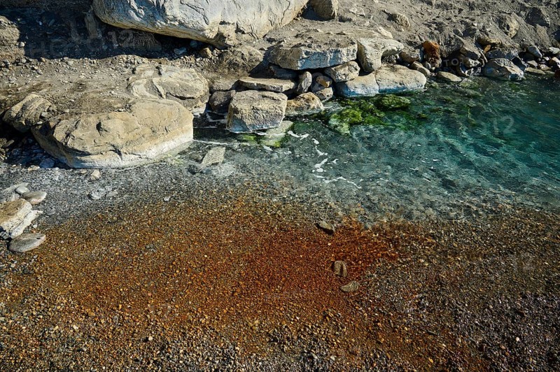 Rocky shore with clear water and different natural textures, Embros Thermal Baths, Kos, Dodecanese, Greek Islands, Greece