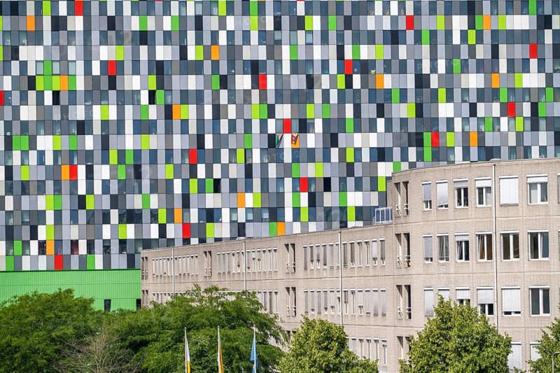 The Casa Confetti student residence, with colourful faÃ§ade, in the Science Park, Utrecht University, Netherlands