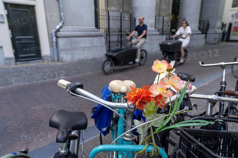 Cycling in the Netherlands, Utrecht, parked bike with flower decoration on the handlebars