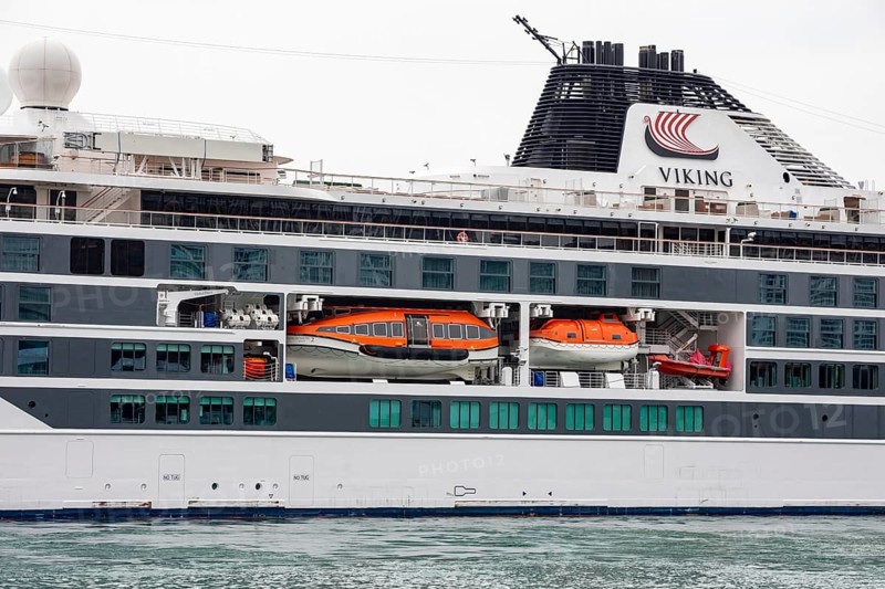 Detroit, Michigan - Orange life boats on the Viking Octantis luxury cruise ship. The ship visited Detroit while on a cruise through the Great Lakes
