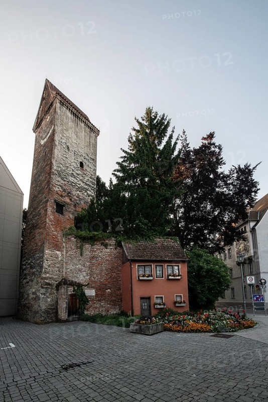 House with garden at the Hexenturm in Memmingen, Bavaria, Germany
