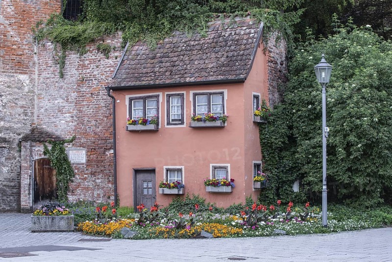 House with garden at the Hexenturm in Memmingen, Bavaria, Germany