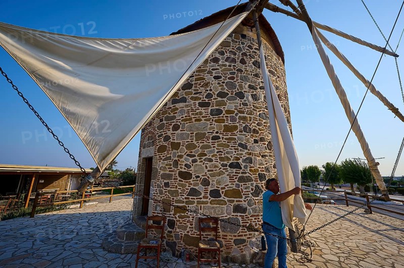 Stone windmill in summer light, a man fastening a sail, windmill, Antimacheia, Kos, Dodecanese, Greek Islands, Greece