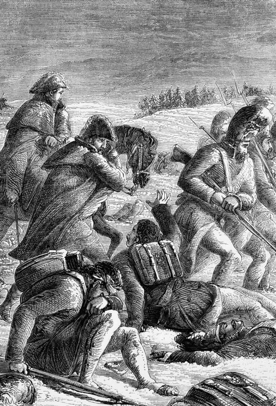 On 19 October 1812, just one month after Napoleon Bonaparte's massive invasion forces marched into a burning and deserted Moscow, the starving French army was confronted with the Russian winter and forced to beat a hasty retreat, digital reproduction of a historical model