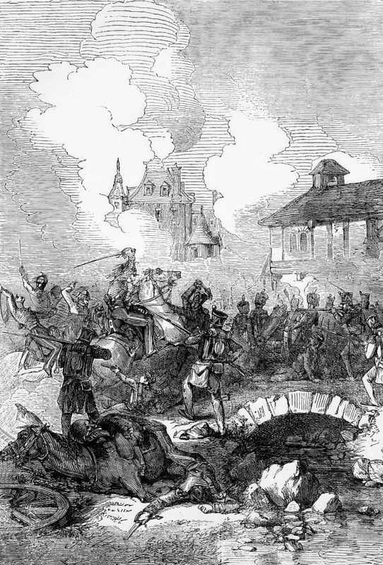 A clash in the village of Kaya in Germany during the Battle of LÃ¼tzen (1812-13), in which a coalition of Austria, Prussia, Russia, the United Kingdom, Portugal, Sweden, Spain and a number of German states finally defeated France and drove Napoleon into exile on the island of Elba, digital reproduction of a historical model