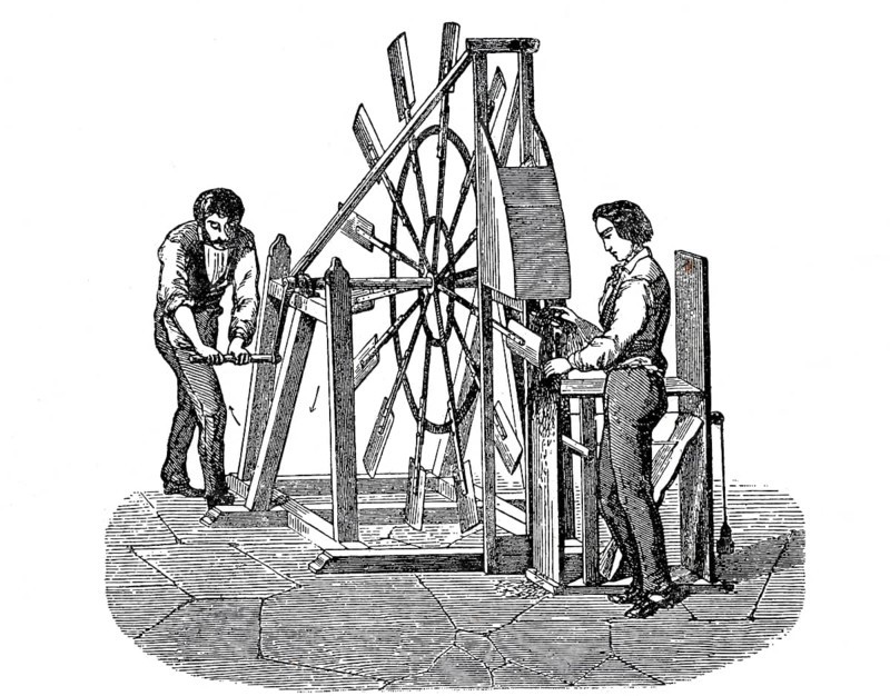 Textile industry, spinning mill, men working on a flax swinging machine, flax swinging machine, around 1880, digitally enhanced reproduction of a 19th century model, historical, exact date unknown