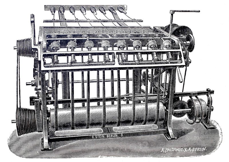 Textile industry, spinning mill, Automatic ball winding machine, a machine used to mechanically wind yarns, twine, cords, etc. into the shape of a ball, by G. Stein, around 1880, digitally improved reproduction of a 19th century model, historical, exact date unknown