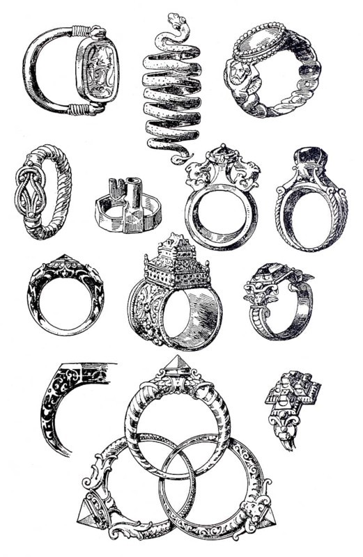 Jewellery, development stages of the ring from the Egyptian signet ring, Greek snake ring to the coat of arms ring, digitally improved reproduction of a 19th century model, historical, exact date unknown