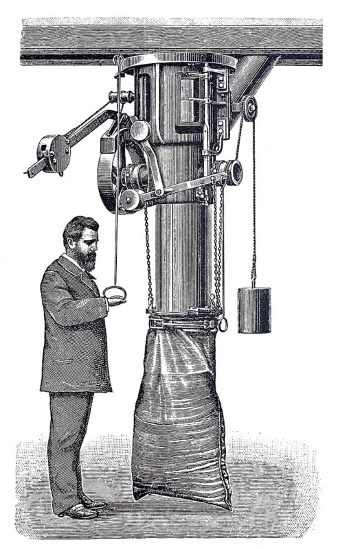Milling plant, sack packing machine by Boerde and Co, around 1870, digitally improved reproduction of a 19th century model, historical, exact date unknown