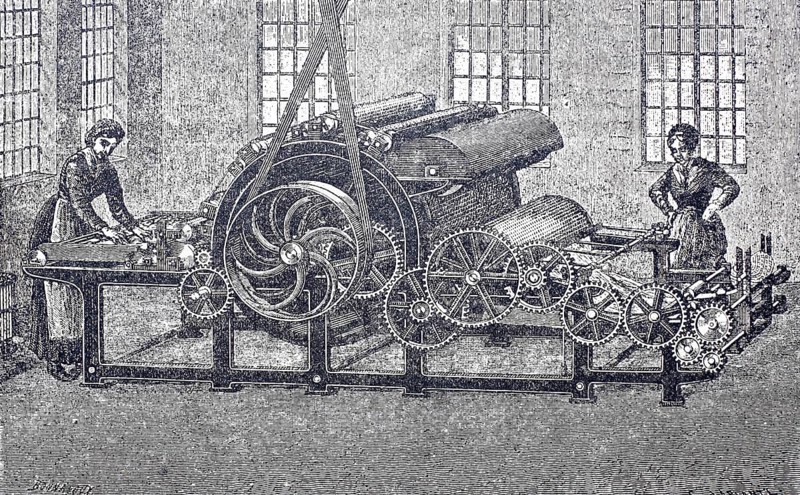 Textile processing, spinning mill, carding machine for the carded wool spinning mill, around 1860, digitally improved reproduction of a 19th century model, historical, exact date unknown