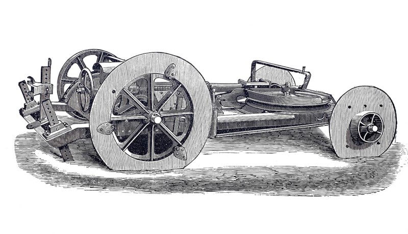 Agriculture, Tillage, Anchor wagon by John Fowler, At the beginning of steam ploughing there were also single-machine systems that made do with a single, initially not even self-propelled steam locomotive and used deflection rollers and so-called anchor wagons instead of the second machine, around 1850, digitally improved reproduction of a 19th century model, Historical, exact date unknown