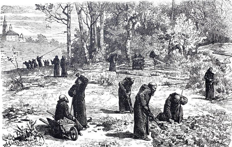 Silviculture, Monks clearing and ploughing up a wooded area, c. 1810, England, digitally enhanced reproduction of a 19th century original, historical, exact date unknown