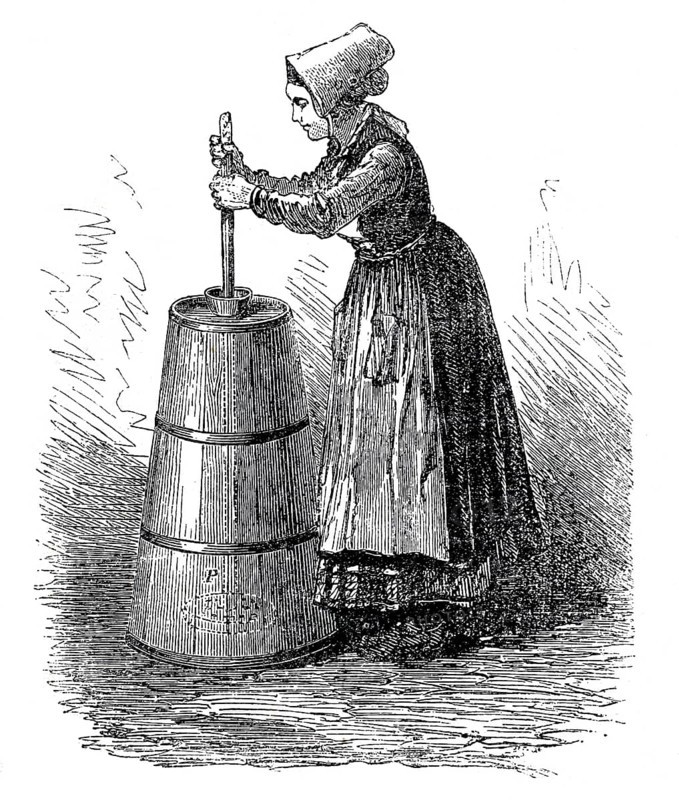 Dairy farming, woman making butter with a butter churn, around 1860, digitally enhanced reproduction of a 19th century model, historical, exact date unknown