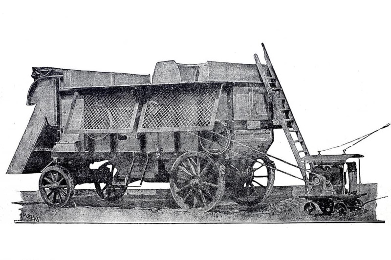 Agriculture, harvest, threshing machine in operation, powered by electricity, Wolf company, Magdeburg, around 1870, digitally enhanced reproduction of a 19th century model, historical, exact date unknown